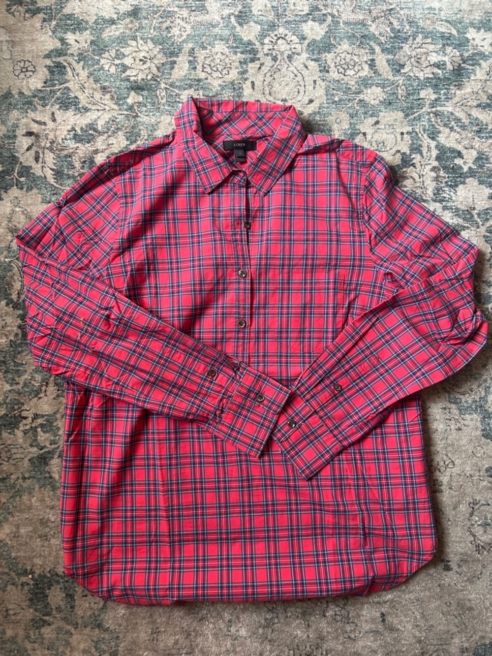 J. Crew Red Plaid Popover Shirt with Navy Accents
